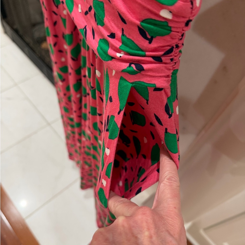 Boden 6 Pink Green Pear Print Jersey Midi Dress Cottagecore Fit & Flare Summer - Picture 5 of 11